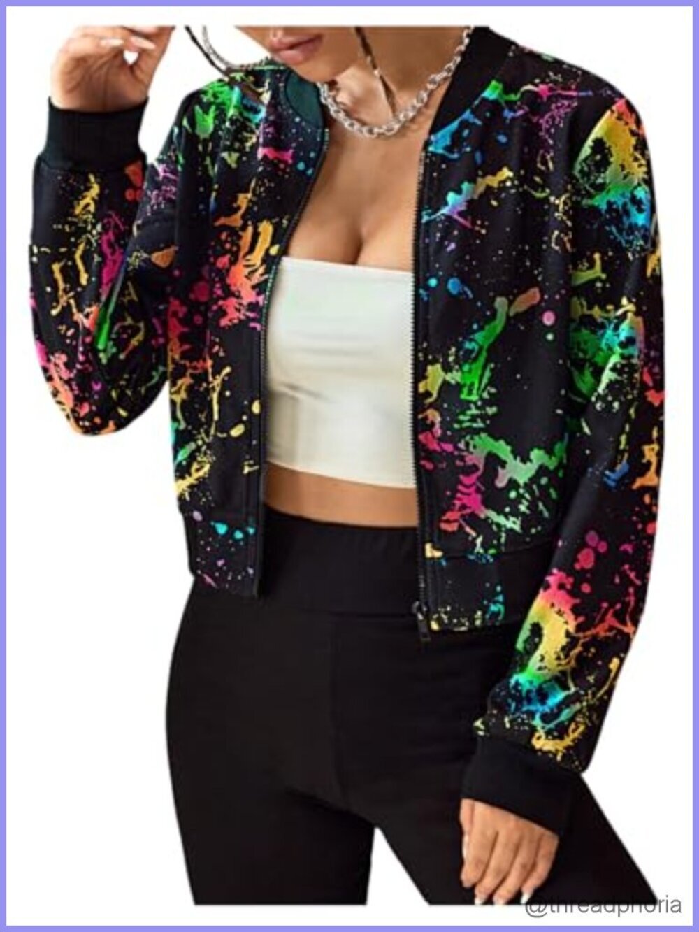 Splatter Print Zip Up Bomber Jacket Crop Long Sleeve Casual Outwear
